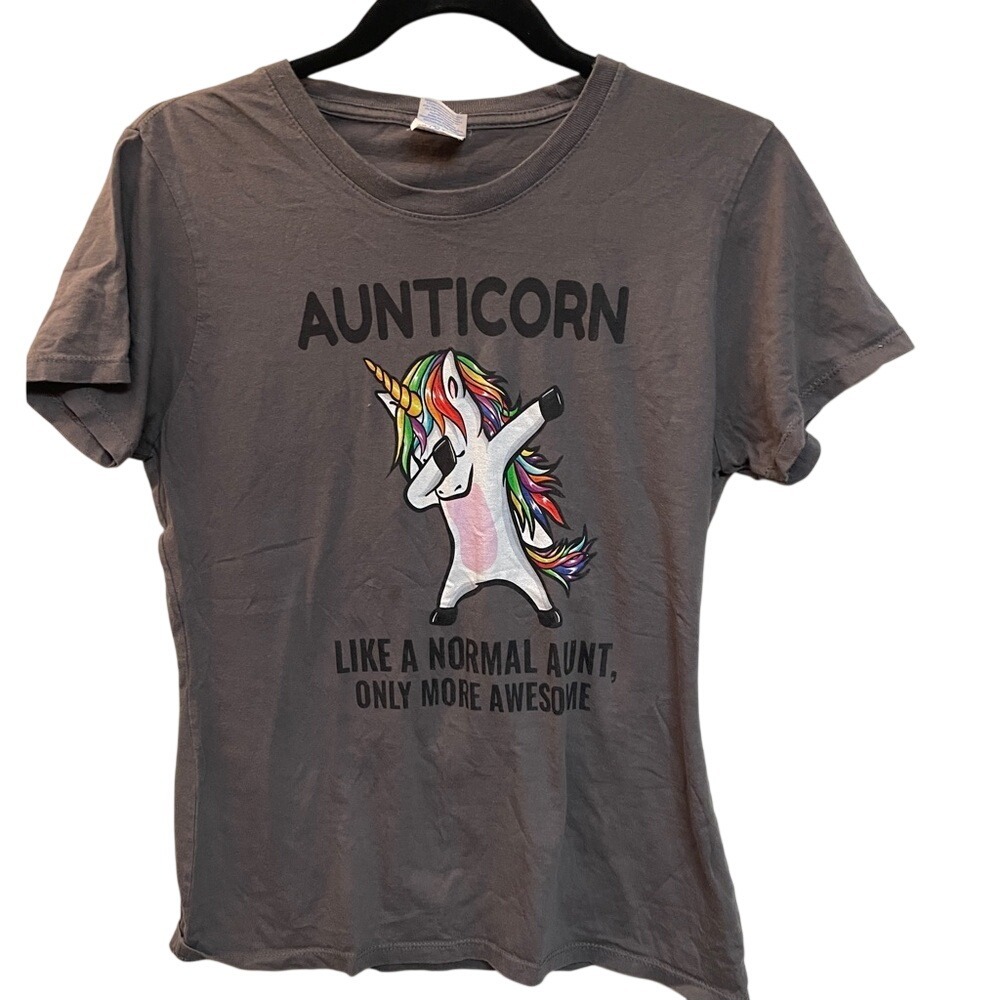 Port & Company Aunticorn Dabbing‎ Unicorn Graphic Tee Gray Womens Medium
